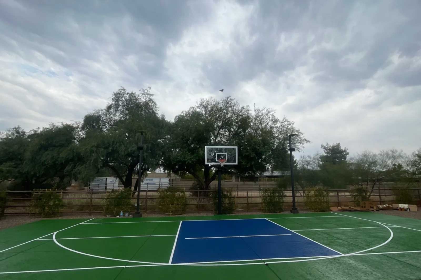 Green and blue backyard sports court with basketball hoop